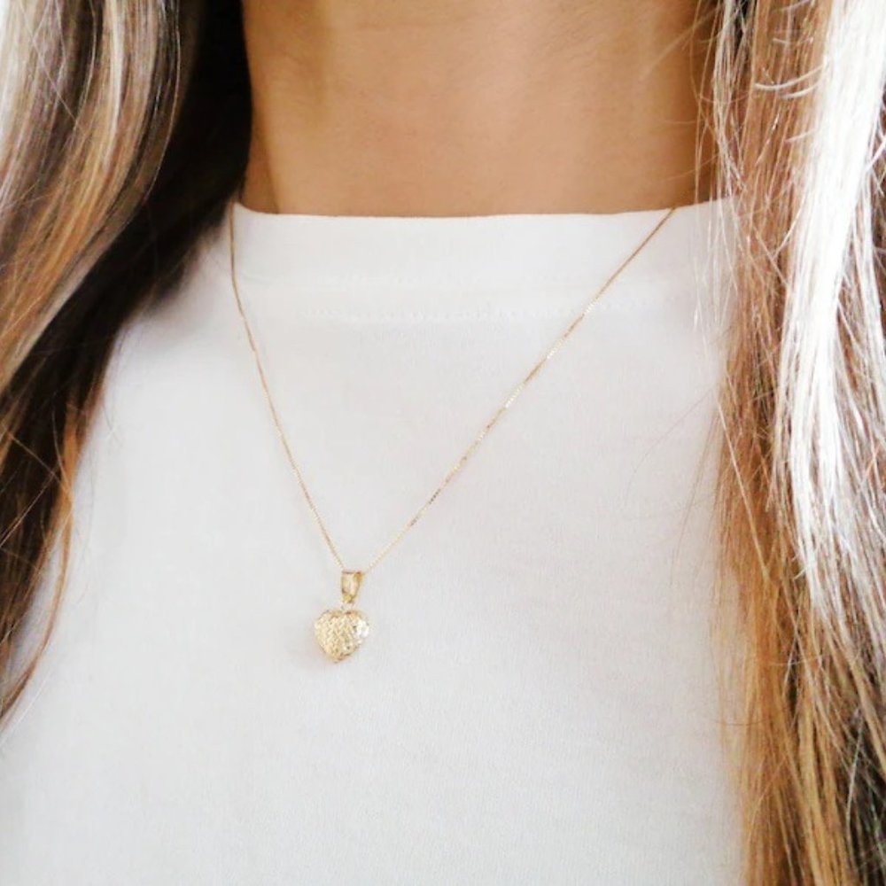 10K Gold Heart Pendant Necklace Real Gold Diamond Cut Heart Charm Stamped 10K